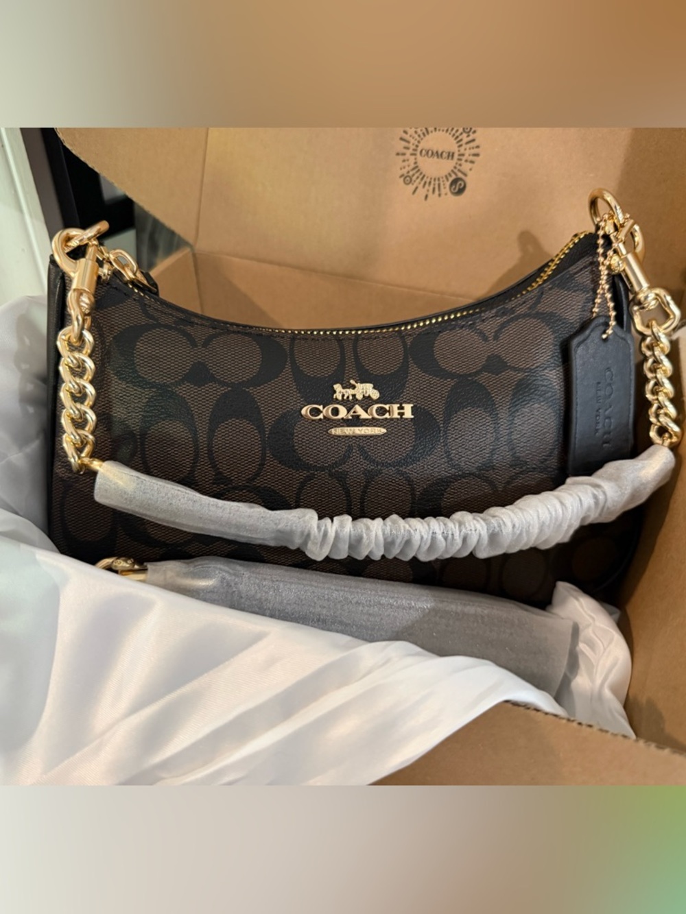 Coach Small Teri  Shoulder Bag in Black and Brown Signature